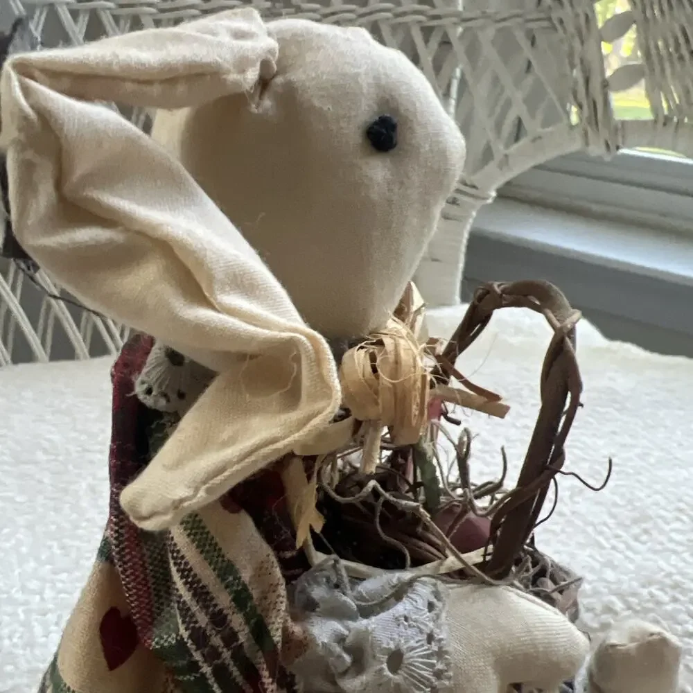 Vtg Primitive Fabric Bunny Doll Wood Block Base Sitter Country Folk Art 8”